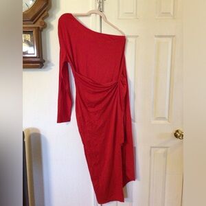 Fashion brand, size XL, red wrap dress, off shoulder.